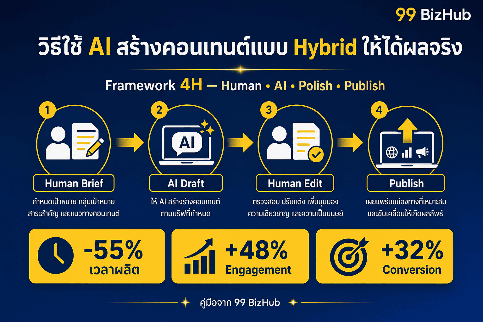 วิธีใช้ AI สร้างคอนเทนต์แบบ Hybrid ให้ได้ผลจริง — Framework 4H เวลาผลิต -55%