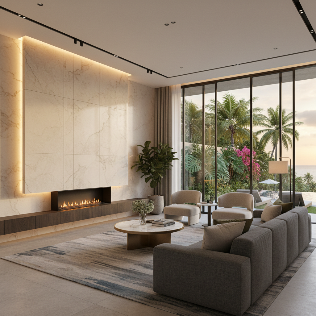 บริษัทคราวน์สโตนแอนด์ดีไซน์จำกัด - An elegant living room interior featuring a feature wall cla