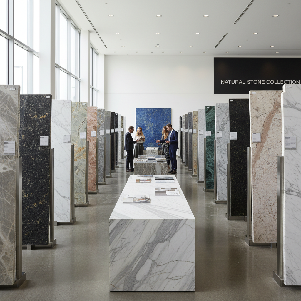 บริษัทคราวน์สโตนแอนด์ดีไซน์จำกัด - A vibrant display of various natural stone slabs, including 