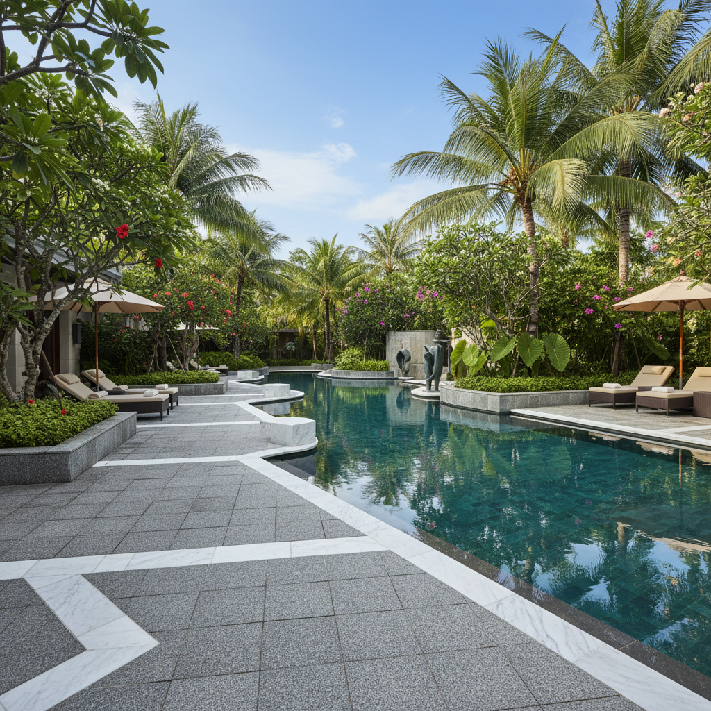 บริษัทคราวน์สโตนแอนด์ดีไซน์จำกัด - A beautifully designed outdoor area of a resort in Phuket, f