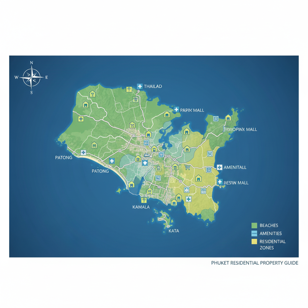 Naphatthanan Property - An aerial map of Phuket, Thailand, highlighting key areas fo